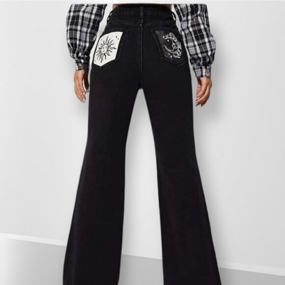 HIGH RISE WIDE LEG FLARE TWO TONE CONTRAST BLACK WHITE CELESTIAL GRUNGE JEANS 90 - Picture 4 of 11